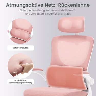 Офісний стіл Woltu: ергономічне крісло з функцією гойдання, регульована підголовник, обертові підлокітники, підтримка попереку, 150 кг, Рожевий