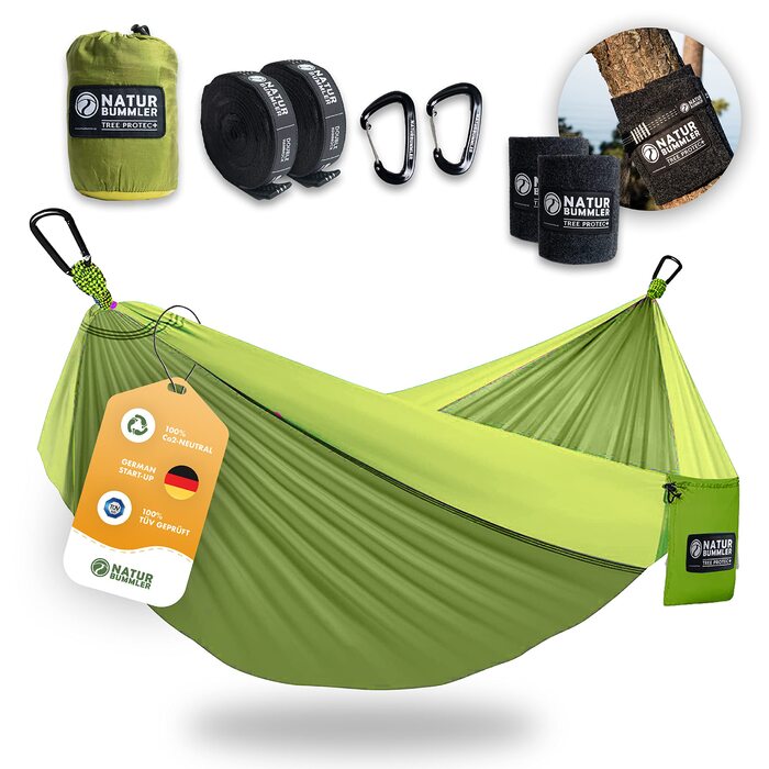 Гамак Nature Bummler для відпочинку на природі 300x170 см (зелений) з захистом дерева та кріпленням. Подвійний, легкий, вологостійкий для кемпінгу та саду.