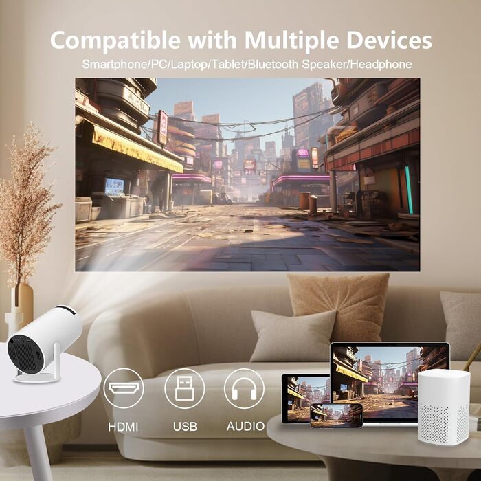 LQWELL HY300 PRO Mini Beamer: портативний проєктор 4K/1080p з Android 11, WiFi 6, Bluetooth 5.0, Airplay/Miracast, для Android/iPhone/PC/Mac/Switch (білий)