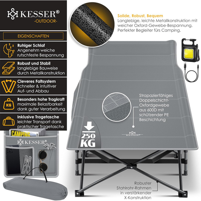 Кемпінгове ліжко KESSER® розкладне, металеве, 190 см, сіре, з сумкою та ліхтарем