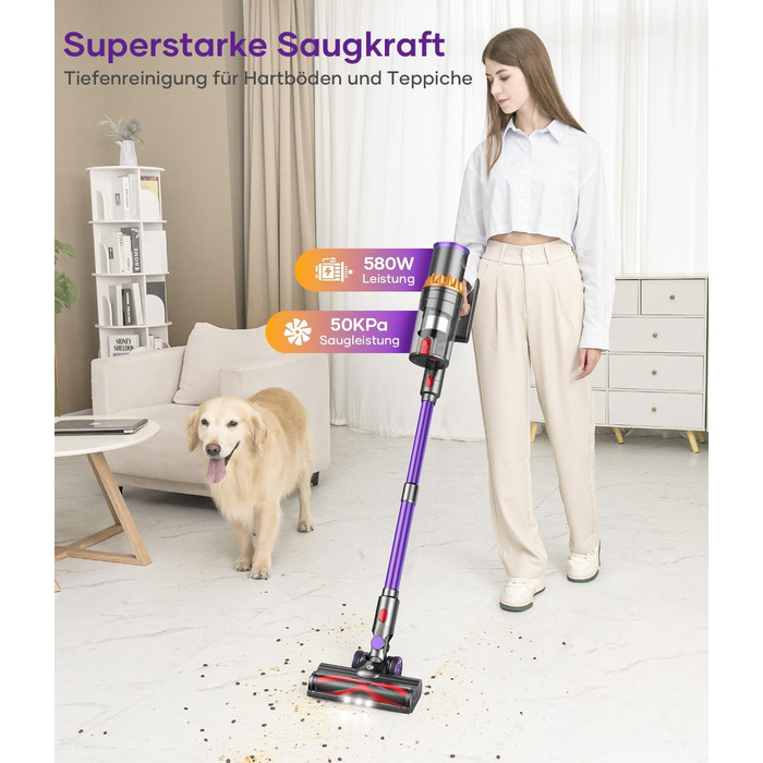 Бездротовий акумуляторний пилосос 50000Pa/580W, 70 хвилин роботи, об'єм 1.6л, з автоматичним регулюванням потужності, LED дисплеєм, антизаплутана щітка, док-станція для стін, тихий, для шерсті тварин, твердих поверхонь, килимів, авто