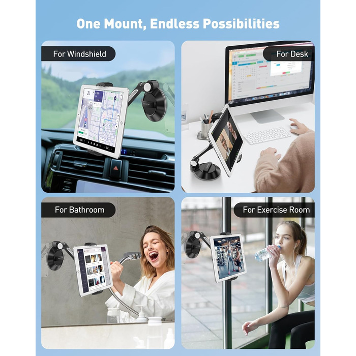 Підставка для планшету та смартфона AboveTEK з присоском – регульована 360° для iPad/смартфонів (4–11 дюймів), авто/стіна/офіс (чорний)