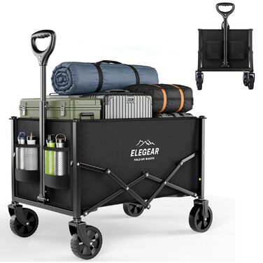 Візок-телега Elegear складний пляжний 120л, 150кг, з гальмами, 2 тримачі для напоїв, 2 бічні кишені, для саду, кемпінгу, чорний