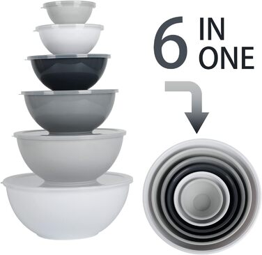 Набір мисок для перемішування BoxedHome з кришками, 12 штук. Пластикові миски для салату, неслизькі, стекові сервіровочні миски для кухні (6 мисок та 6 кришок, білий сірий)