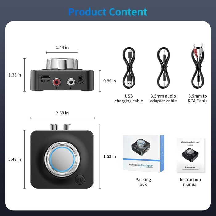 Bluetooth 5.0 Аудіоприймач NEUTYPECHIC: Dual AUX адаптер з 3.5 мм для стереосистеми, колонки, авто