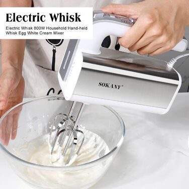 Міксер SOKANY 800W з нержавіючої сталі, 5 швидкостей, 2 гачки для тіста та 2 вінчики (Cx-6651w White)