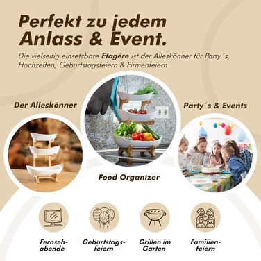 Керамічна фруктова тарілка на 3 яруси з бамбуковою підставкою | Obst Etagere | Сучасна тарілка для фруктів, закусок, випічки для кухні та вітальні