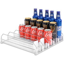 Self-pushing canned beverage organizer for refrigerator, refrigerator drink dispenser, automatic spring-loaded can dispenser, 5-row dispenser, assembled, holds 25 cans