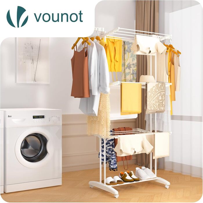 Внішній та внутрішній сушильний стелаж для білизни Vounot® з 4 ярусами, 125x62x173 см, з колесами та розкладними крилами