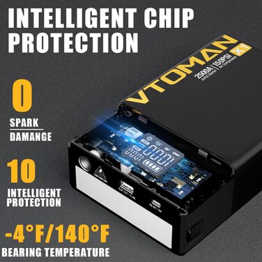 VTOMAN X1 Портативний пусковий пристрій з повітряним компресором, 2500A, акумуляторний, для автомобілів з бензиновими (до 8,5 л) та дизельними (до 6 л) двигунами, цифровий надувний насос 150 PSI, 12V, зарядний пристрій
