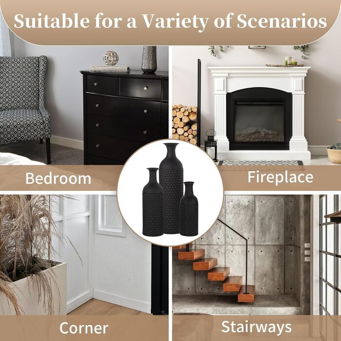 Vintage Black Tall Floor Vase Set of 3 - 68/51/41cm Metal Honeycomb Texture Matte Decorative Vase for Living Room, Dining Room, Bedroom, Office & Home Décor