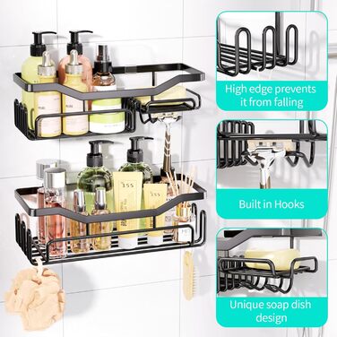Дзеркальна поличка для душу HapiRm без свердління - органайзер для ванної кімнати та кухні, полиця для душу з 11 гачками, мильниця, тримач для бритви, тримач для шампуню, 3 кріплення, чорний
