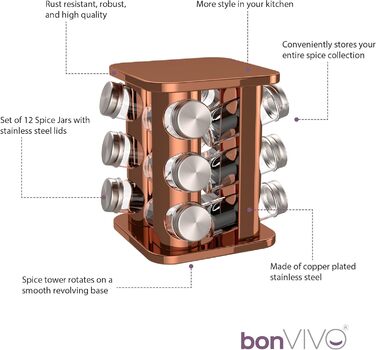 bonVIVO Rondo: поворотна підставка для спецій на 12 відділень, нержавіюча сталь, сріблястий колір, регульоване спеційне карусель, спеційне коло для солі та перцю (мідь)