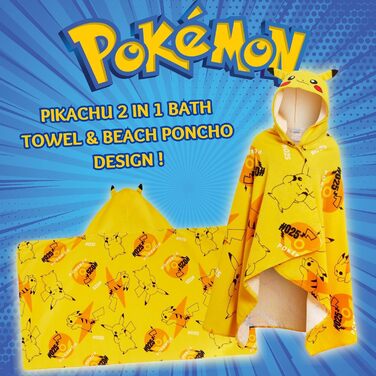 Pikachu Hooded Towel 100% Cotton Kids 3D Ears Costume Pikachu Poncho Beach Towel Swim Towel