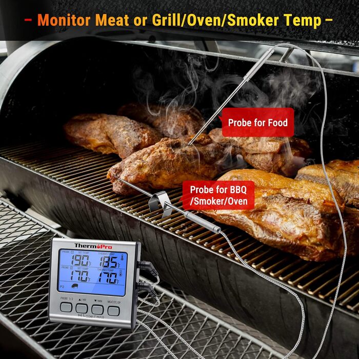 ThermoPro TP17 Digital Grill Thermometer, Meat Thermometer, Kitchen Thermometer, with Two Stainless Steel Probes, Blue Backlight, Temperature Range up to 300°C