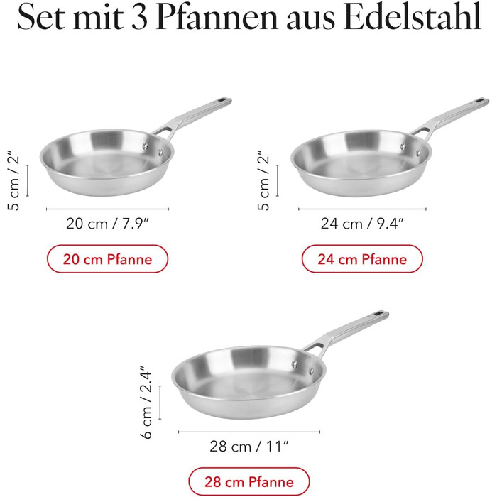 Набір сковорідок Florina Lucida (3 шт.) з нержавіючої сталі | 20, 24, 28 см | 3-шарова конструкція | Алюмінієвий сердечник | Для духовки | Ергономічна ручка | З дзеркальним блиском | Для всіх типів плит