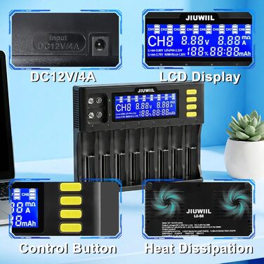 Зарядний пристрій JIUWIIL для акумуляторів 18650, Li-Ion/LiFePO4 (8+2 слоти) з LCD-дисплеєм – швидка зарядка 26650, 17500, 16340, 14500, 10440, 9V