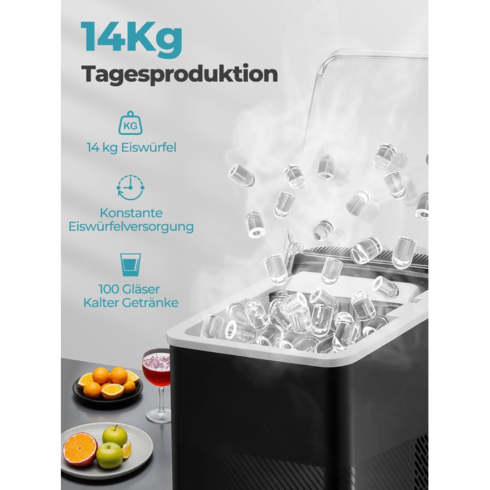 Машина для льоду FOHERE портативна, самоочисна, 14 кг/24 год, 2 розміри, компактний дизайн, керування однією кнопкою, інтелектуальні сповіщення, з лопаткою та кошиком для дому/бару/офісу/кемпінгу (чорний)