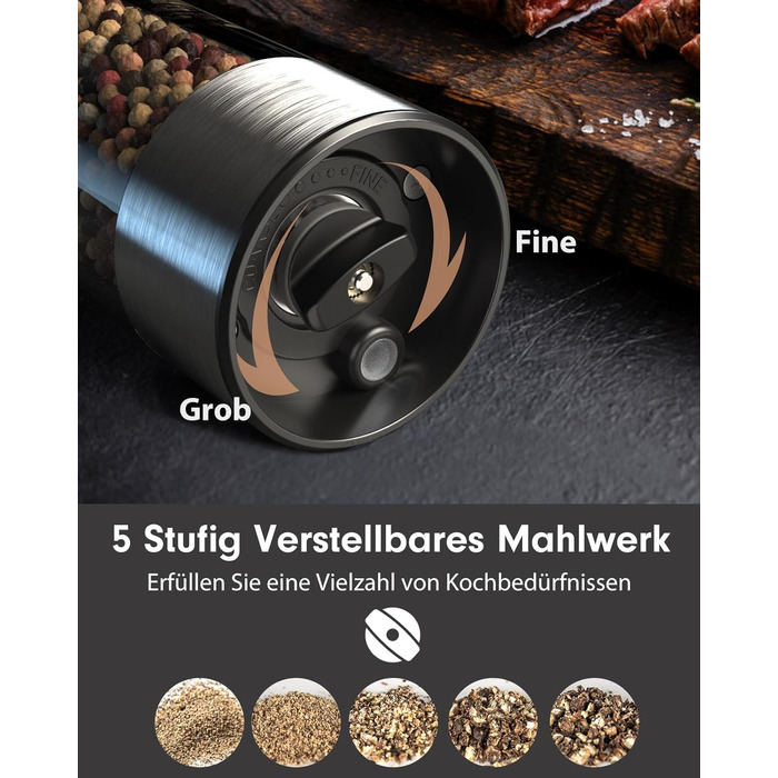 Електричні перечниці та солінки 2 в 1 з нержавіючої сталі, акумуляторні, з LED-підсвічуванням та регульованим керамічним жорном, з щіткою для чищення