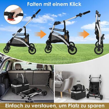 Візок для собак Mamizо 3-в-1: візок, переноска, сумка. До 20 кг, поворотні колеса, кошик, тримач для напоїв, для собак та котів (сріблястий, чорний)