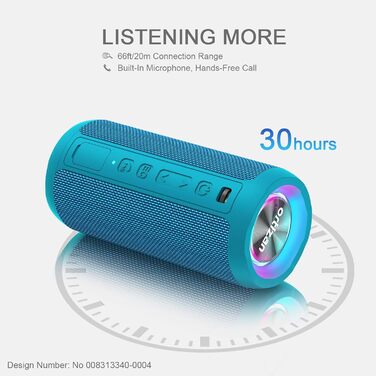 Ortizan Bluetooth Колонка з підсвіткою, портативна водонепроникна (IPX7) колонка з подвійними басами, 30 год автономії, гучний зв'язок, блакитний