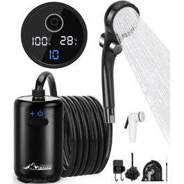 WADEO Portable Camping Shower Battery with Pump, Camping Shower with Rechargeable 6000/8000mAh Battery, Mobile Showers Outdoor Showers with Shower Head and Hose, for Camping, Travel, Garden, Car Washing (Black, 10 Gänge and with Double Digital Display)