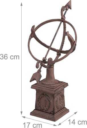Relaxdays Sundial, cast iron, antique design, weather-resistant, garden decoration, H x W x D: approx. 36 x 17 x 14 cm, brown
