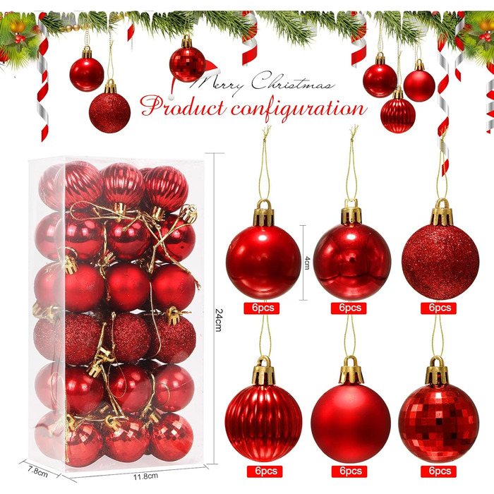 Набір ялинкових прикрас 36 шт, кульки для ялинки з пластику 4 см, червоні