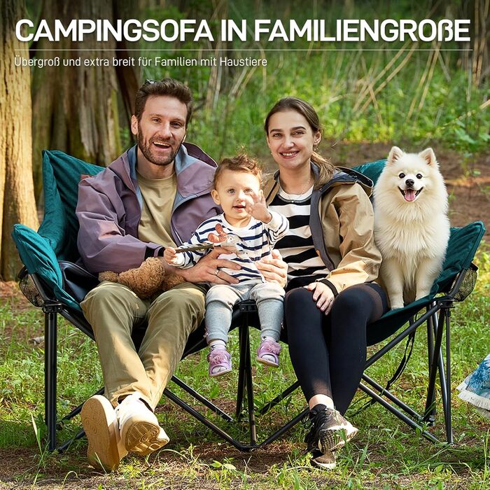 Кампінговий стілець-диван EVER ADVANCED для 2 осіб, 145 см, зелений - міцний, складаний, з високою спинкою, для відпочинку на природі, саду, балкону
