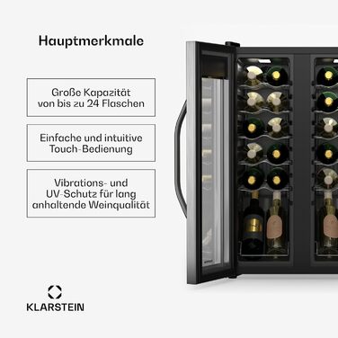 Klarstein Freestanding Wine Cooler - Compact Beverage Refrigerator with Dual Zone & Glass Door - Indoor/Outdoor Beersafe - LED Lighting - 5-18°C - 33 Bottle Capacity (24 Bottle - 2 Zone) - Black