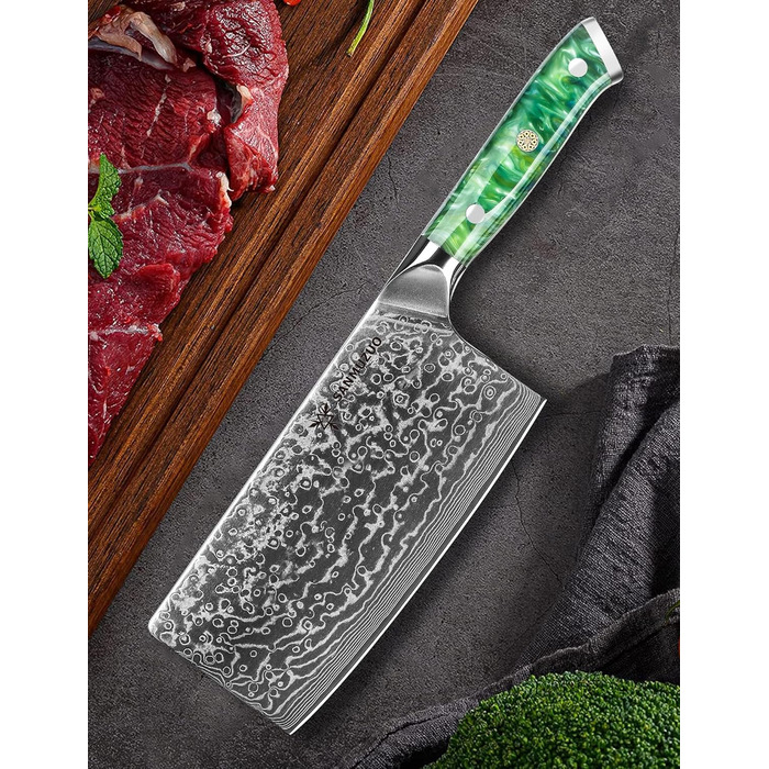 SANMUZUO Nakiri Messer 19 см: професійний ніж шеф-кухаря Дамаск, серія Xuan, VG10 сталь, ручка з гірської смоли (Dream Orange)
