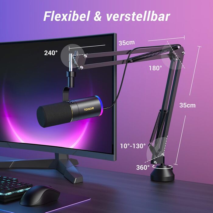 Мікрофон TONOR TD510+ для стримінгу, студії та запису. XLR/USB, динамічний, з регульованою ніжкою та RGB підсвічуванням. Чорний колір