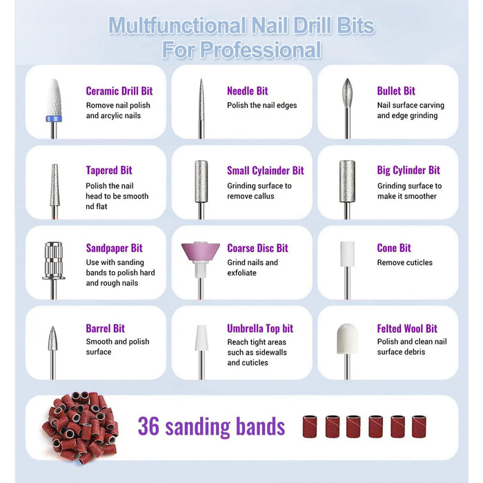 Портативний фрезер для нігтів бездротовий 12 в 1 Професійний електричний набір для манікюру та педикюру USB, перезаряжається, 9 швидкостей, 20000 об/хв, срібний
