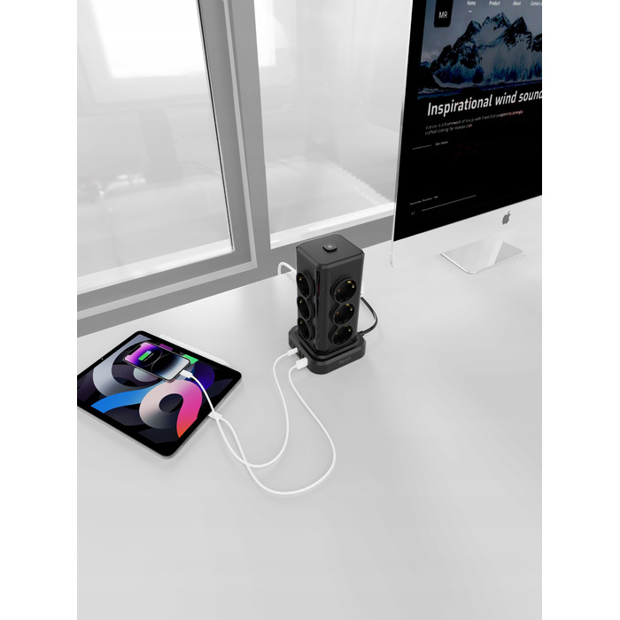 Мережевий фільтр Perys: 12 розеток, 3x USB-A, 3x USB-C, 2 м, чорний