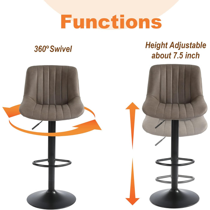 Youhauchair 2-Piece Swivel Bar Stools with Backrest - Adjustable Height PU Leather Bar Stools for Kitchen & Bar - Brown