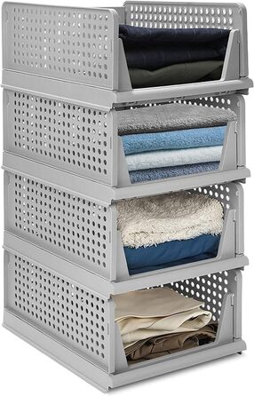 Set of 4 Stackable Folding Clothes Closet Storage Boxes, Plastic Closet Shelves, Closet Organizer Box, Pull-Out Drawer-Like Design, Suitable for Home, Bedroom, Kitchen (Gray)