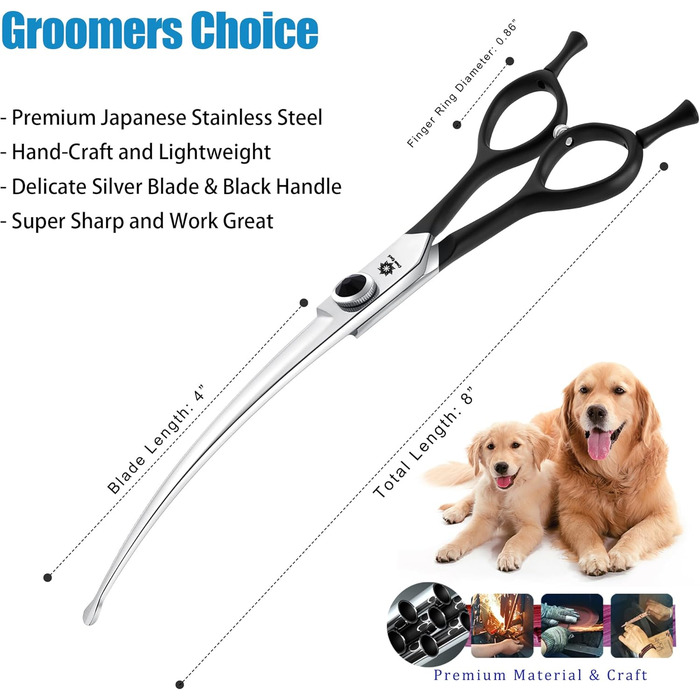 Ножиці для грумінгу собак Dream Reach 6,5 дюйма, вигнуті ножиці для собак з подарунковою коробкою, професійні ножиці з нержавіючої сталі 440C для собак та котів, чорний колір (8 дюймів)