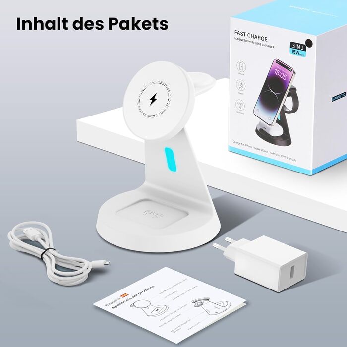 Зарядна станція JoyGeek 3-в-1 для Apple Watch, iPhone (MagSafe), AirPods (біла) - Бездротова зарядка для iPhone 12-15, iWatch 11-2/Ultra/SE, Airpods 2-4