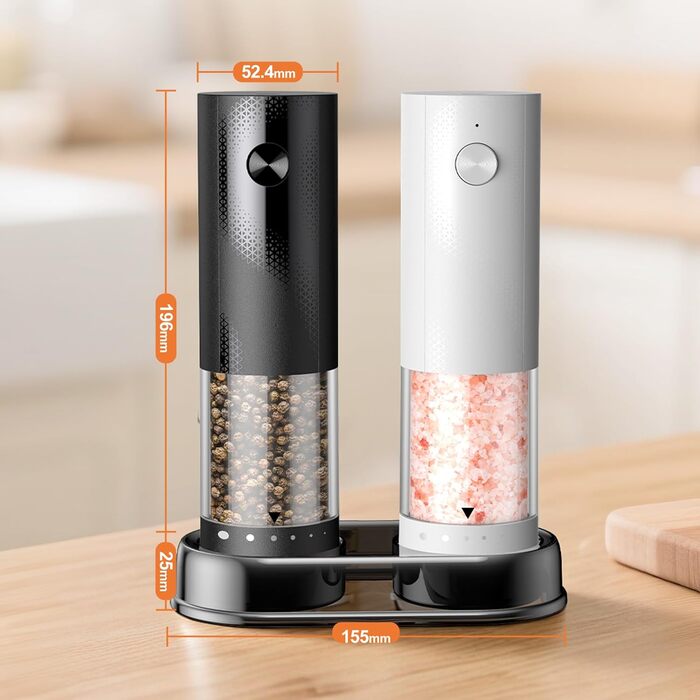 Електричні мельниці для солі та перцю 2 шт. з USB-C зарядкою, регулюванням помелу, LED-підсвічуванням, керамічним жорном та стійкою підставкою – чорний та білий