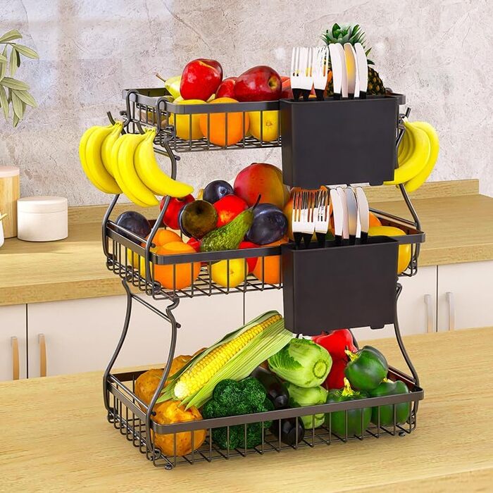 Настінна полиця для фруктів та овочів з кріпленнями, 3 яруси, чорна | Настінне зберігання для кухні