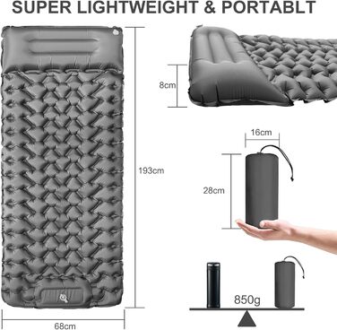 Килимок для кемпінгу Youxiu самонадувний, ультралегкий, сірий. Підходить для подорожей, піших прогулянок, наметів. Водостійкий, з насосом.