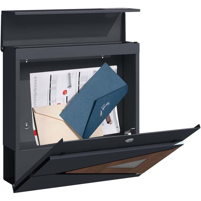Поштова скринька настінна SCHARTEC SPB-8 антрацит з дерев'яним декором та відділенням для газет, велика, сучасний дизайн