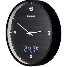 Bresser MyTime Radio-Controlled Wall Clock without Ticking Sounds, 24 cm Dial, LED Second Display, Indoor Temperature, and Silent Radio Clock Movement (Black)