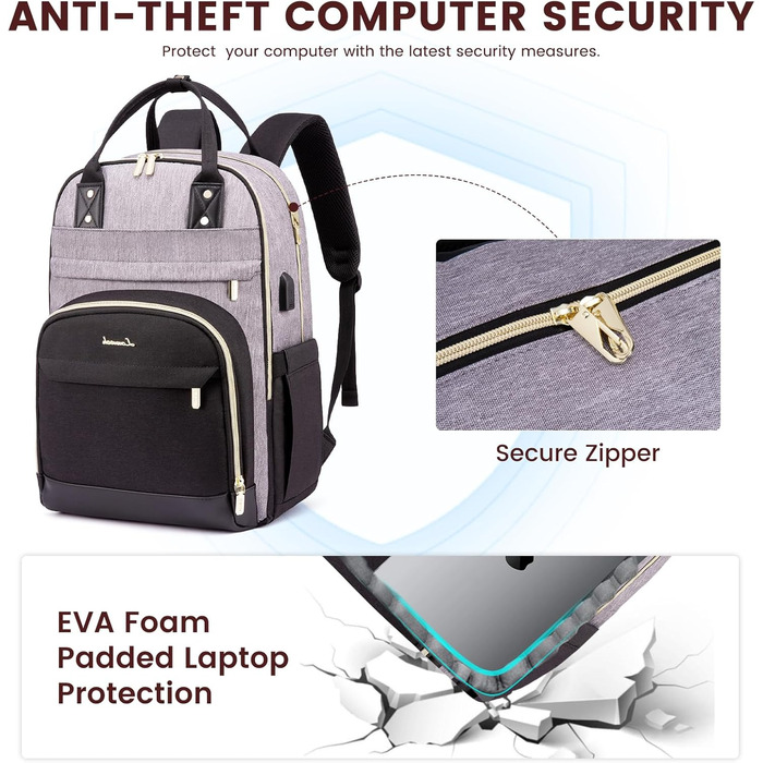 LOVEVOOK Рюкзак для дівчат та хлопців, водонепроникний, з відділенням для ноутбука 15.6 дюймів, для школи, подорожей, роботи. Серія Anti-Theft, сірий+чорний, Pu