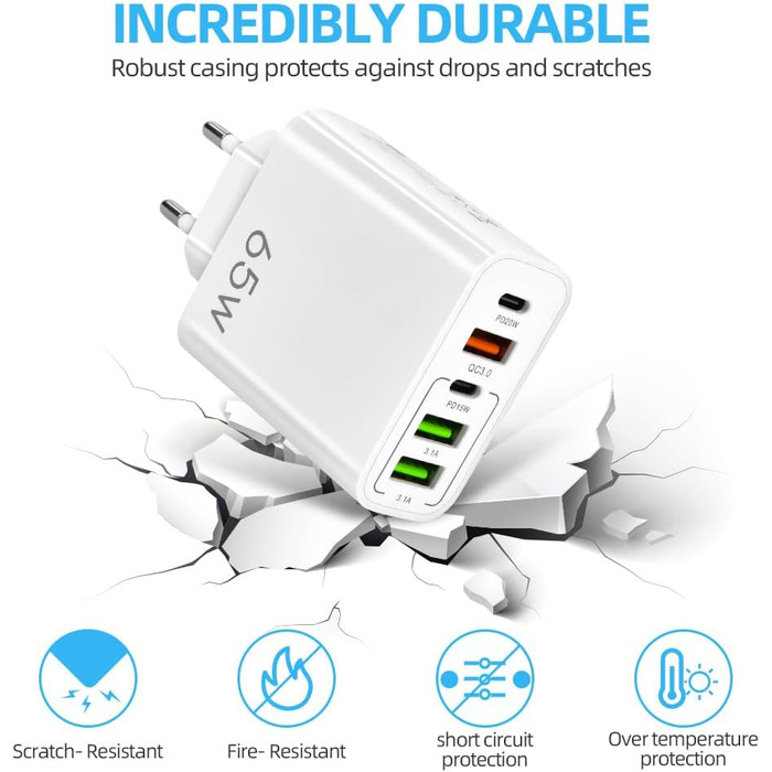 Мережевий адаптер AXFEE 65W 5-портовий з USB-C та USB-A, швидка зарядка PD 3.0 для iPhone 14 Pro Max 13, білий