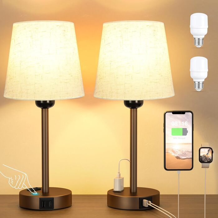Настільна лампа Kakanuo з торшером, 2 шт., з USB-портами та диммуванням, для спальні, вітальні, дитячої кімнати, офісу
