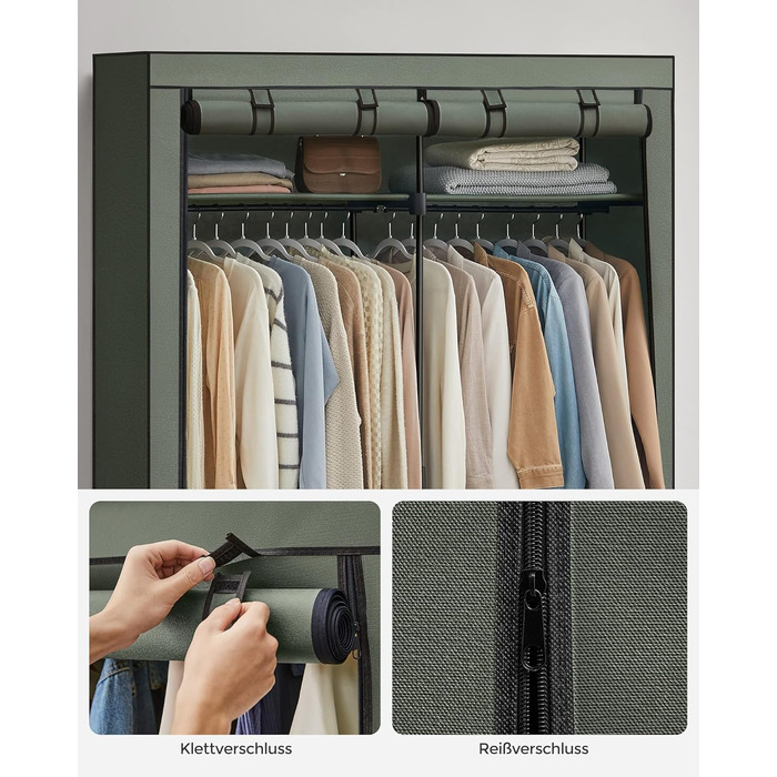 SONGMICS Storage Cabinet, Portable, with Hanging Rod, Foldable, Wardrobe, Bedroom, Office, 140 x 43 x 174 cm, RYG02GY (Beige Green)