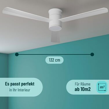 Стеляний вентилятор Noaton® Fornax Weiß з підсвічуванням, діаметр 132 см, DC мотор 40 Вт, диммований LED модуль 22 Вт, 3 колірні температури, пульт дистанційного керування, таймер, повітряний потік до 185 м³/хв (Zoya WW)