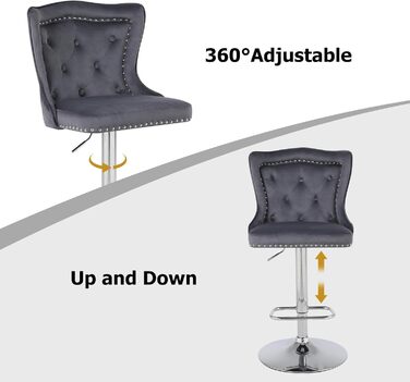 KHISCHMO Set of 4 Velvet Bar Stools - Modern Kitchen Counter Stools with Lion Paw Pulls - Adjustable Height, 360° Swivel - Black (Gray)