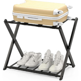 GIANTEX Folding Luggage Rack, 2-Tier, 68 x 43 x 58 cm Luggage Shelf, Baggage Rack, Metal, Space-Saving Luggage Stand for Bedroom, Guest Room, Hotel, Black (2 Pieces, Black) (1 Piece, Black)